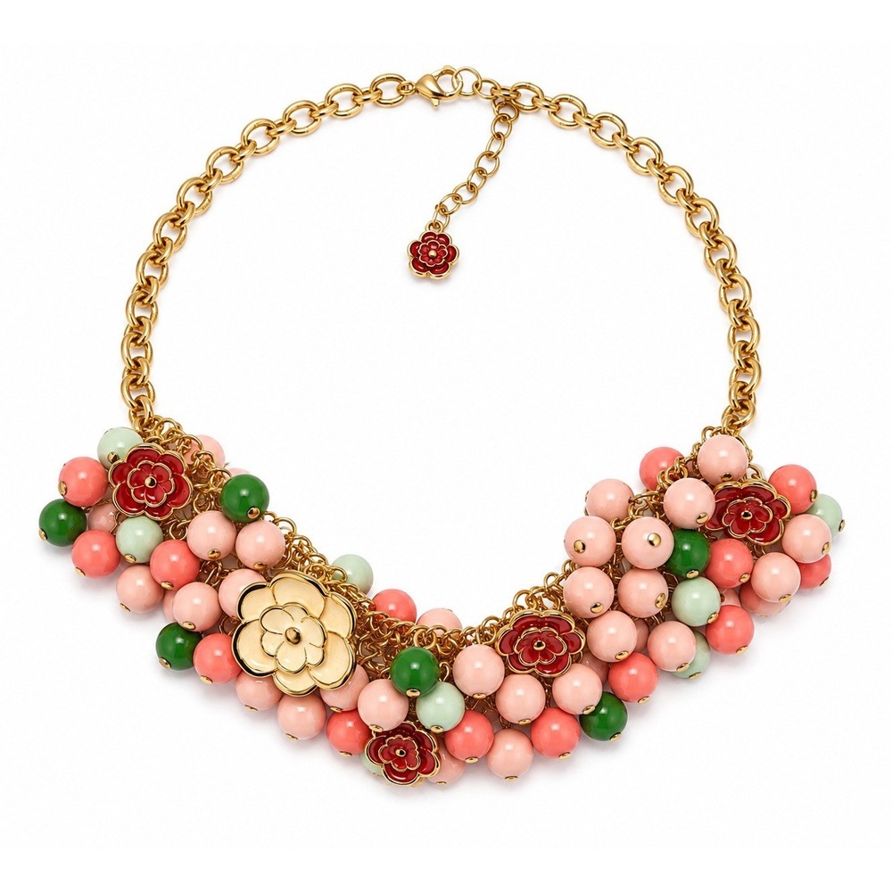 Gold Tone Floral Statement Bib Necklace Enamel Flowers Pink Green Beaded Chunky